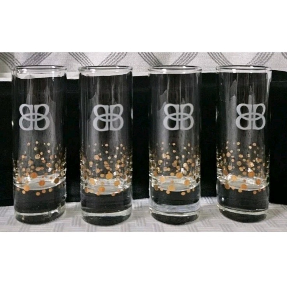 Set of 4 Baileys Irish Cream Gold Confetti Tall Shot Glasses Etched BB Logo 2oz.